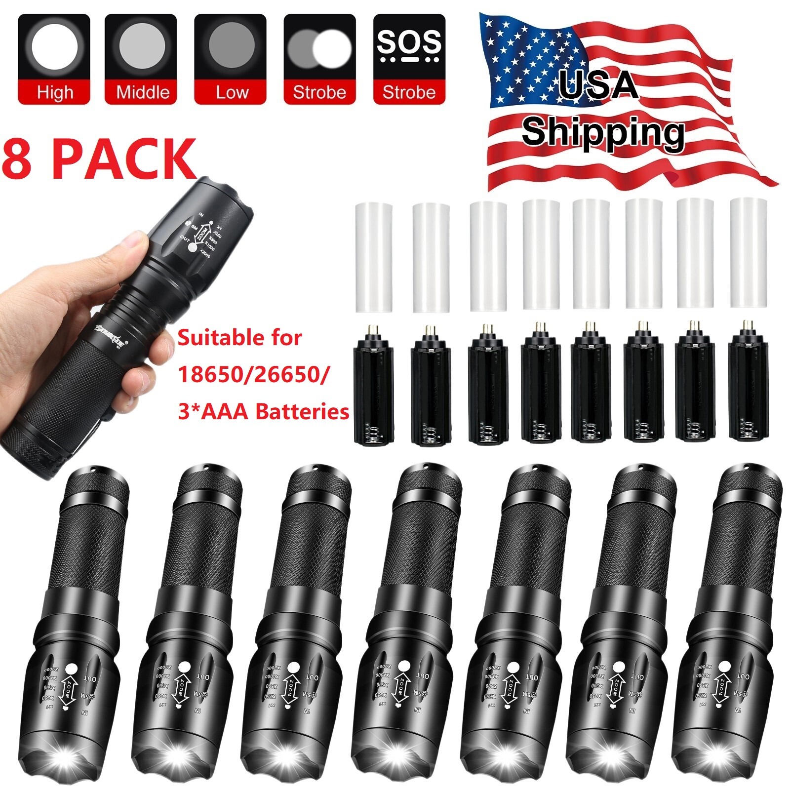 8Pcs Bright LED Mini Flashlight with Zoom Feature, AAA Powered Handheld Work Light