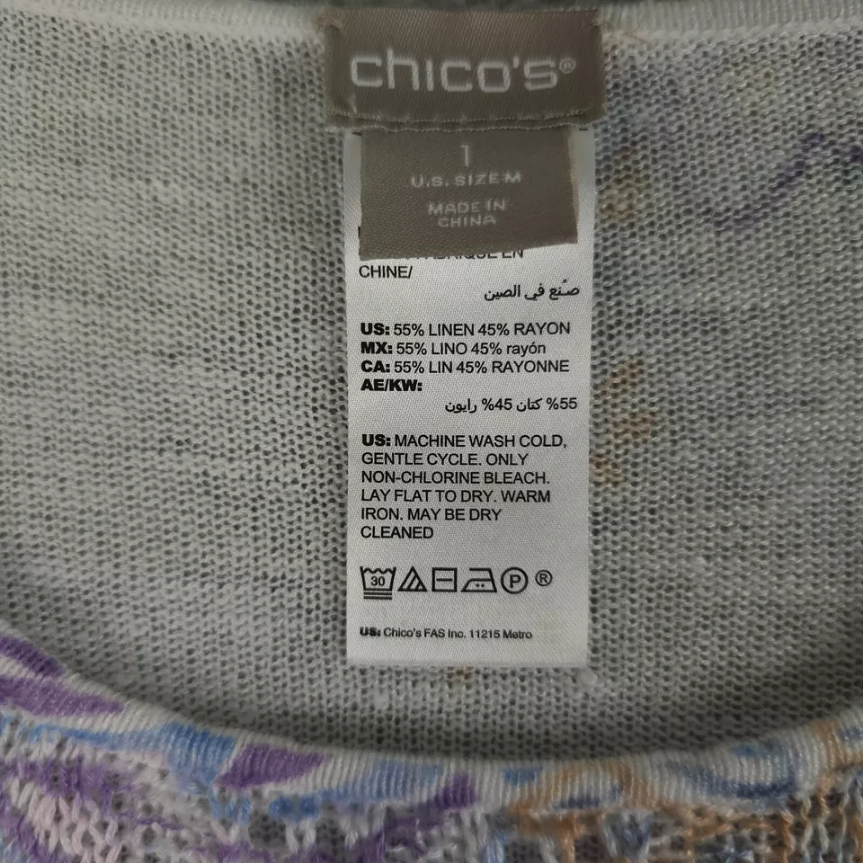 Suéter Chicos Mujer 1 EE. UU. Mediano Blanco Púrpura Floral Punto Pointelle Lino Foto 4 de 4