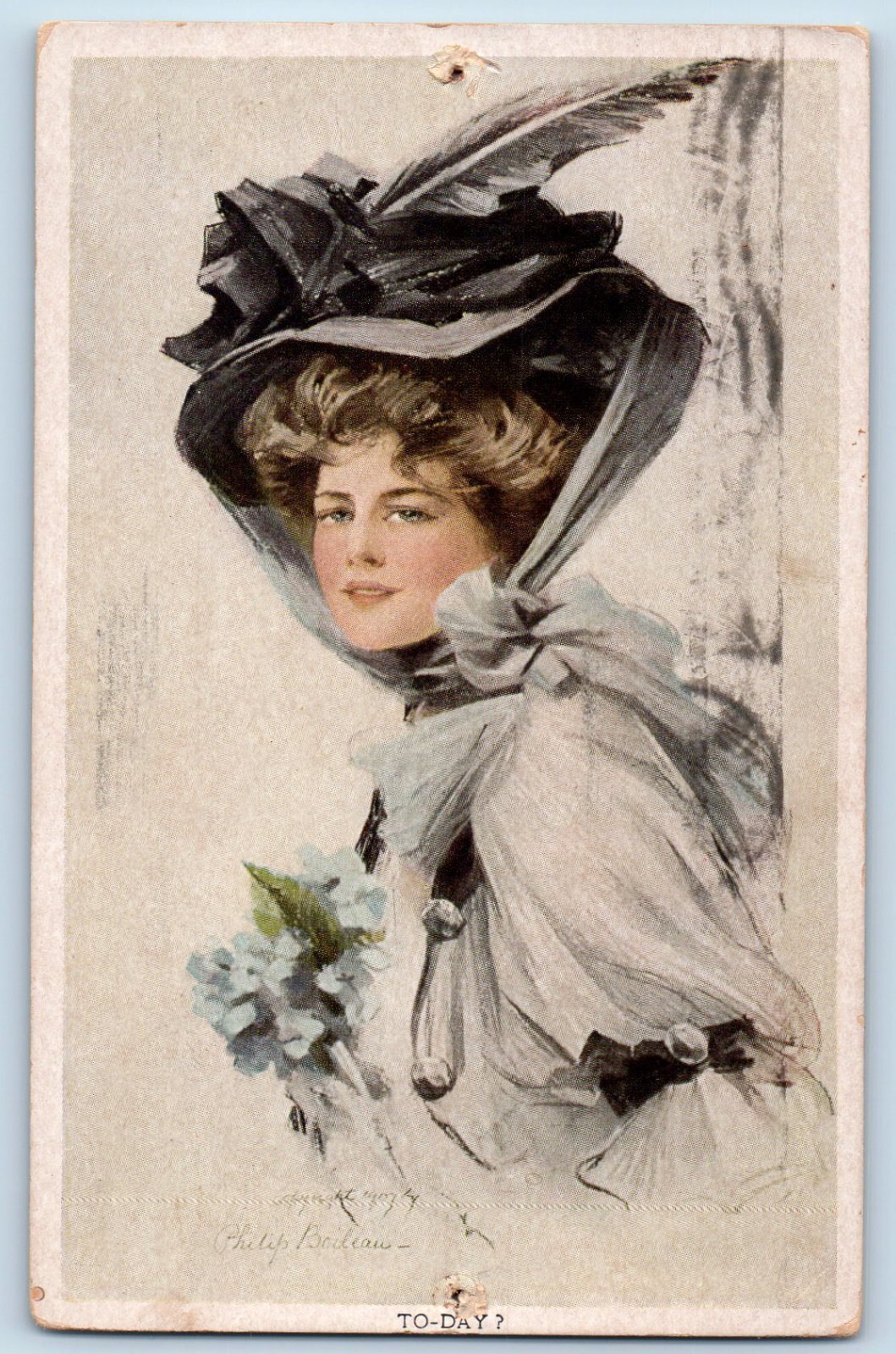 Cartolina firmata Philip Boileau bella donna grande cappello con fiori Keene NH 1912