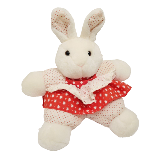 Vtg White Fluffy Bunny Rabbit Plush Red Heart Dress Apron Polka Dot Bottoms Toy - Picture 1 of 6