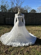 Vintage White Lace Wedding Dress Long Sleeves Train Princess Belle Square Neck