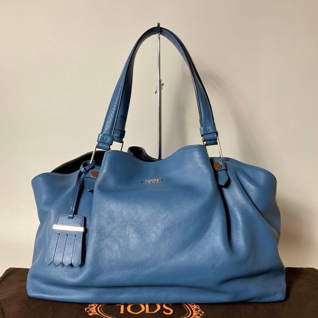 TOD'S Hand Bag Tote Purse Leather Blue Authentic