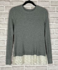 Loft Sweater Womens Sz Small Gray Ribbed Ivory Eyelet Hem Pullover Long Sleeves