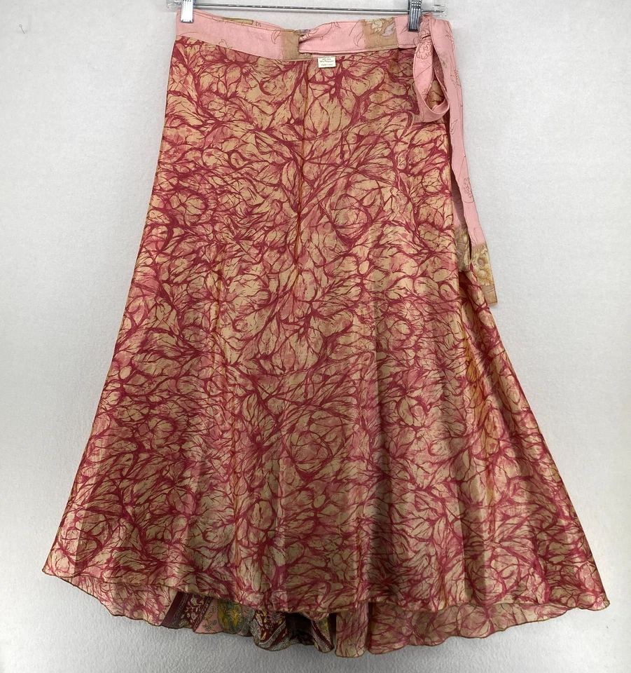 Falda de Seda L Campesina Boho Acampanada Reversible Envoltura Midi En Capas Lado Rosa Foto 2 de 4