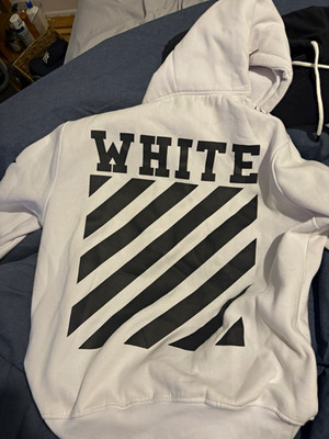 Off-White Men s L White Pullover Hoodie Graphic Logo Fleece Cotton Pockets