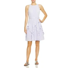 Halston Heritage Womens Purple Ruffled Round Neck Shift Dress S BHFO 2497