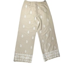 NWT Ladies 4 Elie Tahari Linen Blend Tan Embroider Wide Leg Hi Rise Ankle Pants