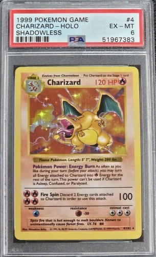 1999 Pokémon TCG Charizard Base Set Holo Shadowless Rare 4/102 PSA 6