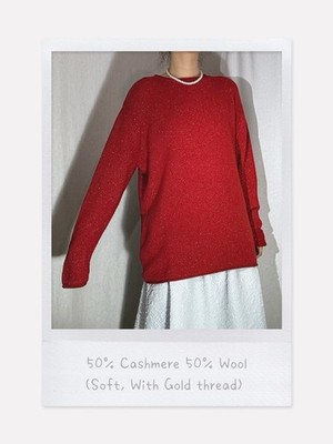 50% Kaschmir 50% Wolle Rundhals - Rubinrot mit Goldfaden, Weihnachtsakzent M/L