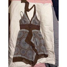 BCBGMAXAZRIA Halter Dress Brown Medallion Print Crochet Waist Mini Y2K Silk