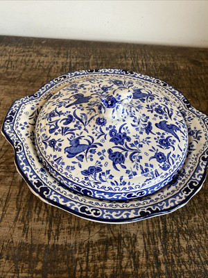 vintage burleigh ware Blue & White Regal Peacock Serving Dish With Lid