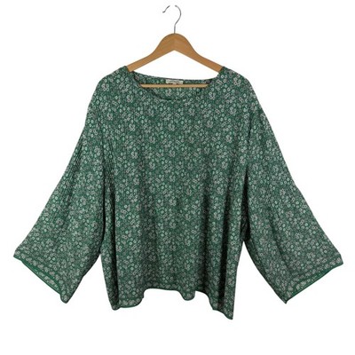 Max Studio Green Ditsy Floral Pleated Blouse Size 3X Boho Lightweight Modest