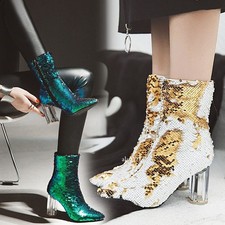 Runway Womens Sequin Ankle Boots High Block Heel Pointed Toe Side Zipper Fashion