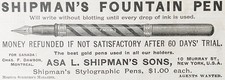 ASA L. SHIPMAN'S SONS Antique Stylographic Fountain Pen Vtg 1890 Office Print Ad