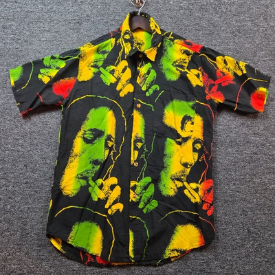 #ad Roots Rasta Reggae Button Down Mens Medium Bob Marley Graphic Rayon Shirt $26.00