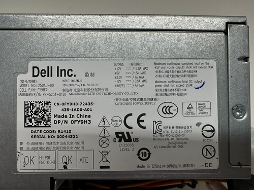 Dell OptiPlex 7010 3010 9010 SDT power supply 250W 07GC81 FY9H3 - Picture 2 of 6