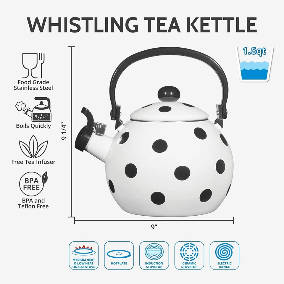 Tetera silbante para estufa decoración de lunares esmalte en acero 1,6 cuartos de galón Foto 2 de 4