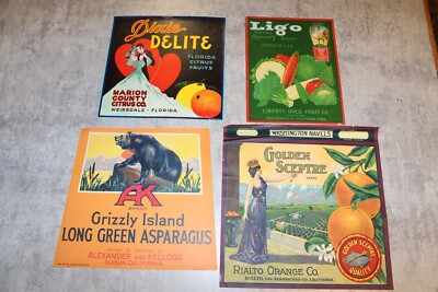 LOT OF 4 ORIGINAL VINTAGE CRATE PAPER LABELS GREAT COLORS