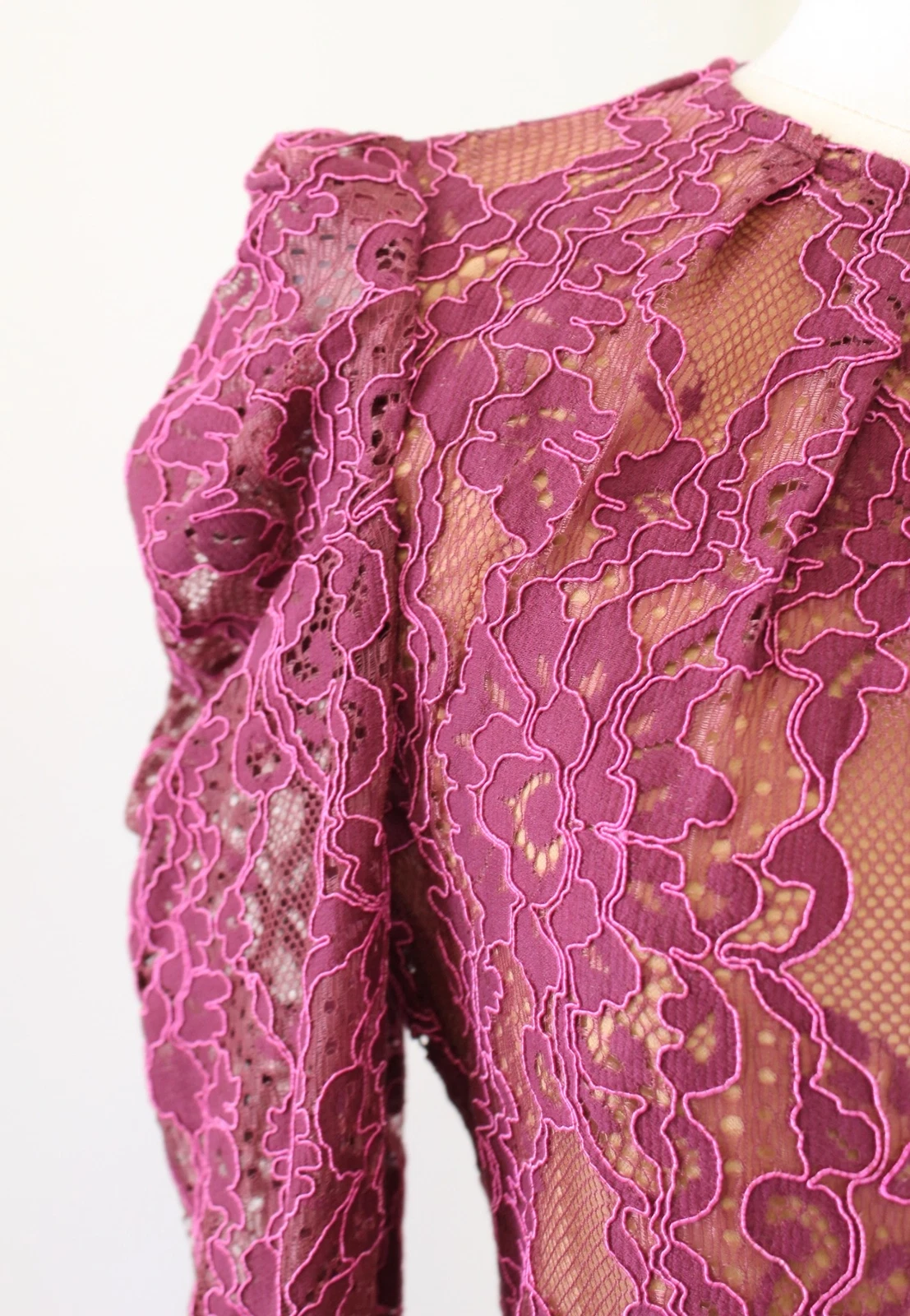 Abito da festa in pizzo floreale Michael Kors con corda spalmata taglia 2 rosa manica gonfia