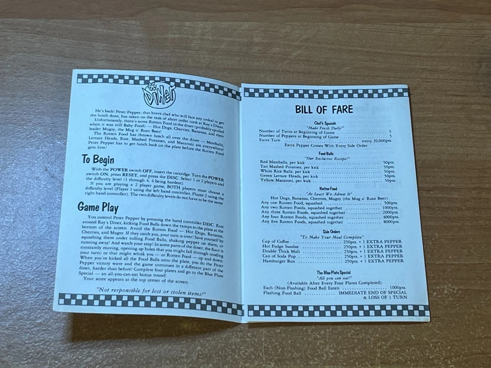 Intellivision BRAND NEW Manual : Diner - Image 2 of 3