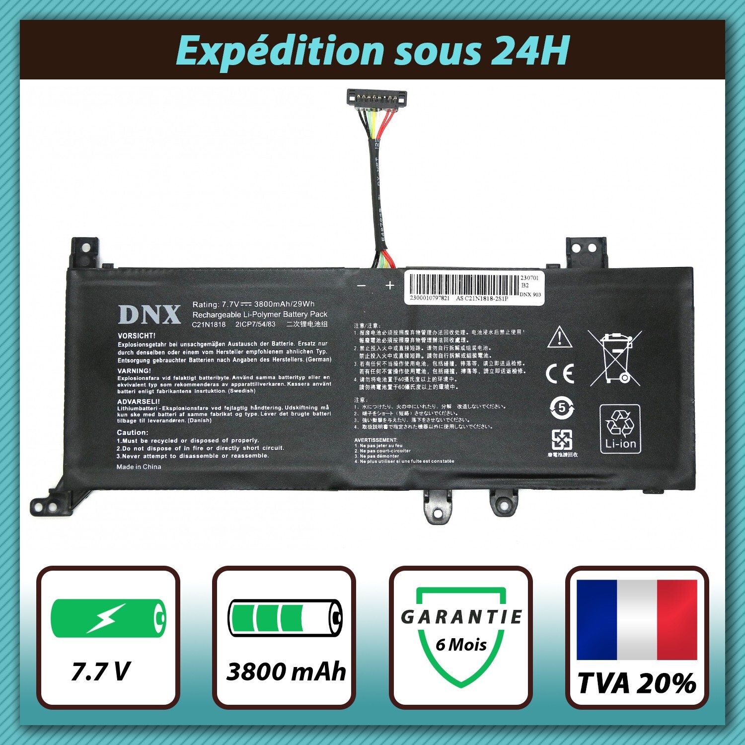 Batterie Asus Vivobook F412DA X412FJ C21N1818 de remplacement 7.7V 3800mAh
