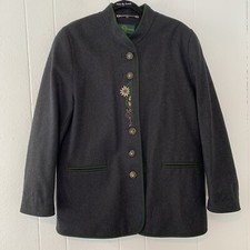 Ursl Trachten Womens 42 Large Coat Trench Wool Embroidered Flowers Buttons Grey