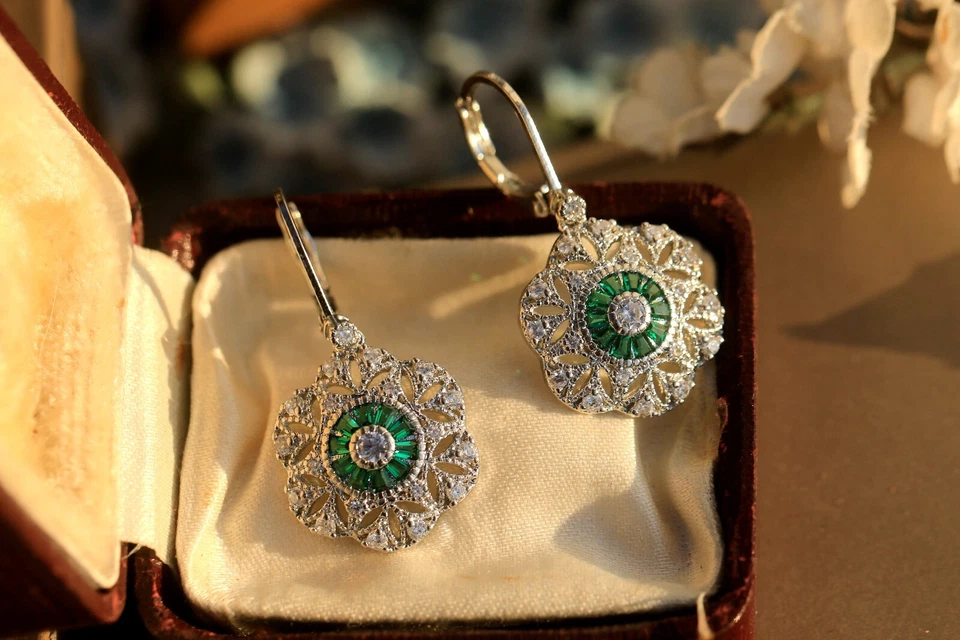 Orecchini Dormeuse Argento Belle Epoque Incastonati Con CZ Verde Floreale SC1 - Immagine 3 di 4