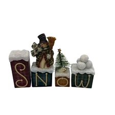 Crazy Mountain Snowman Snow Block Set With Plaid Pattern & Winter Accents