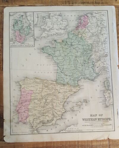 Antyczna ręcznie barwiona karta - Europa Zachodnia / Common School Geography 1873 - Zdjęcie 1 z 8