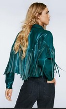 Nasty Gal Western Cowboy Jacket, Faux Leather Fringed, Teal Turquoise Size Large