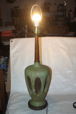 Vintage Mid Century Modern PLASTO Mfg. Co Plaster & Teak Wood Table Lamp  36''