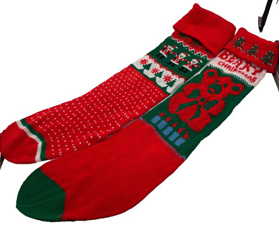 Two Vintage Knit Christmas Stockings Santas Beary Christmas  24'' Long