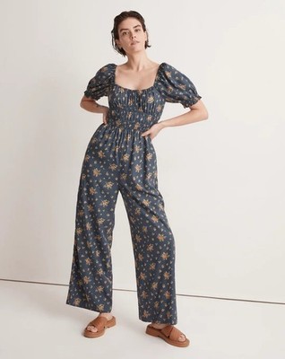 Madewell Lucie Smocked Wide-Leg Full Jumpsuit Paisley Garden Blue Size 3XL