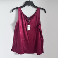 Eileen Fisher Silk Tank Top Boxy Deep Claret Satin Stretch V-Neck Blouse SP
