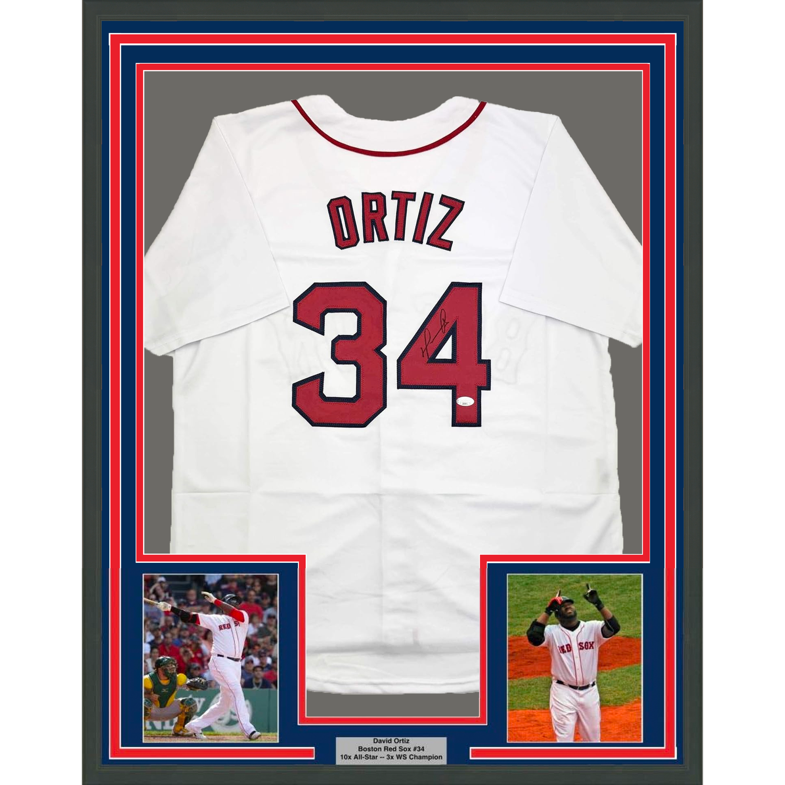 David Ortiz Autographed Signed Boston Red Sox Framed / 35x39 Boston White Baseball Jersey JSA COA 