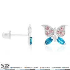 14K White Gold Pink Tourmaline & Blue Topaz Butterfly Screw Back Stud Earrings
