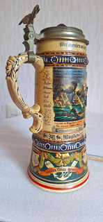 Reservistenkrug Bier & Brauerei 1911 14 mit Zinndeckel Adler Relief Henkel
