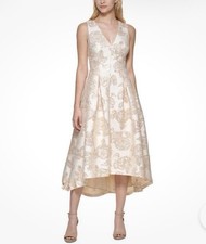 NWT ELIZA J Champagne Gold Jacquard Fit Flare Hi/Low Dress Retail 268 Size 8