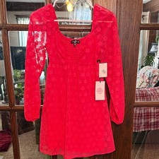 Crystal Doll Hot Pink Lace Mini Dress With Sheer Sleeves Size XS