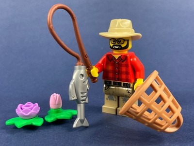 LEGO  Figur Angler Fischer rot Angel Pflanze Rute Netz Fisch Fangnetz Seerose