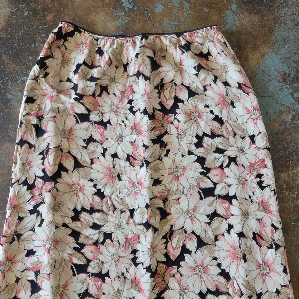 Vintage 90s Floral Silk Midi Skirt Size L Pink Black Layered Grunge Whimsygoth - Image 2 of 4