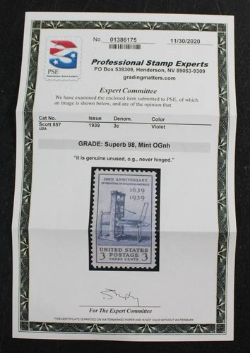 CKStamps: US Stamps Collection Scott#857 Mint NH OG PSE Cert Grade 98