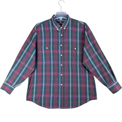 Vtg Steeplechase Men's L Plaid Button Down Shirt Green Burgundy Long Sleeve Work