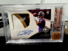 2018 Panini Limited Lamar Jackson Rookie Patch On Card Autograph #170 19/49. rookie card picture
