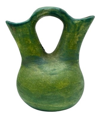 Signed Jeremy Diller Raku Studio Art Pottery Wedding Vase Green Metallic 5 