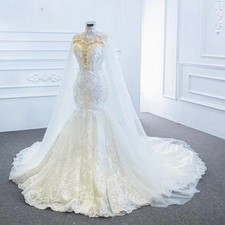 Mermaid Wedding Dresses with Deachable Cape of Sleeveless Deep V Neck Bride Gown