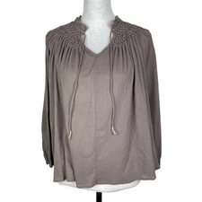 Grade & Gather Women's S Taupe Gray Smocked V-neck Long Sleeve Blouse