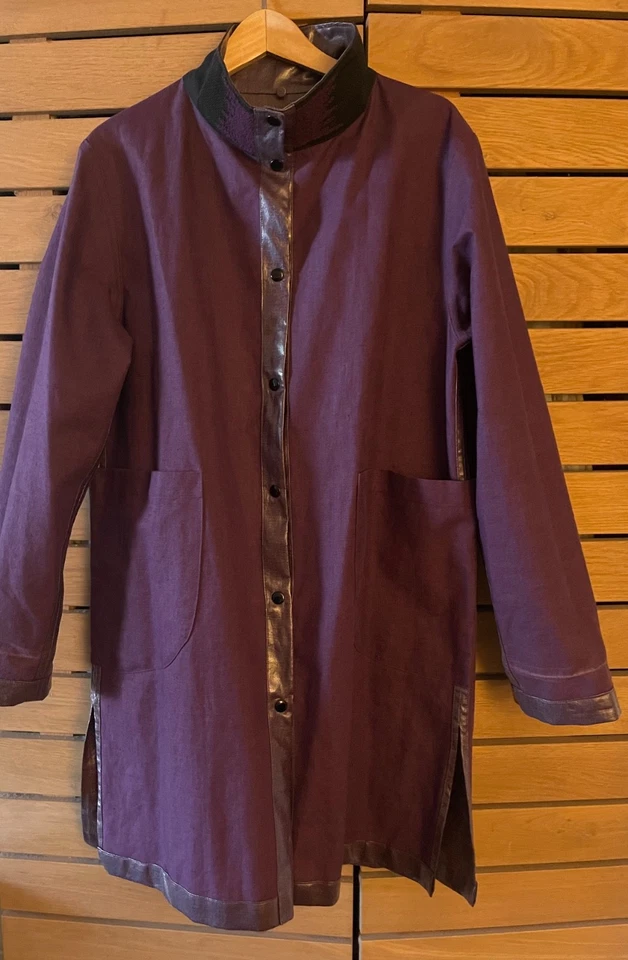 Roxy Wells Tyler Reversible Purple Long Rubberized Linen Trench Rain Coat Small - Image 2 of 4