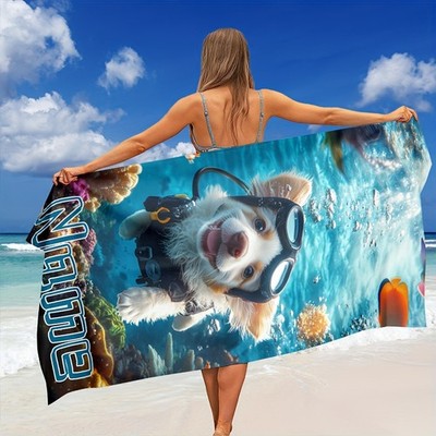 1pc ized Name/Text Beach Towel with Swimming Puppy Design - Large Quick-Dry Mi