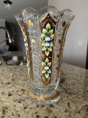 Bohemia Hand Cut Crystal Vase, Hand Painted Gold And Enamel